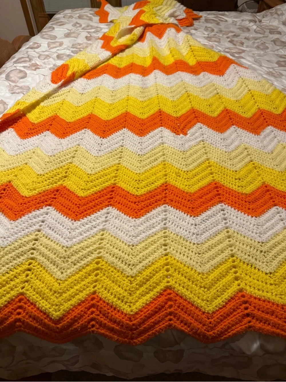 Vibrant Handmade Chevron Crochet Throw Blanket - Orange, Yellow & White Vintage